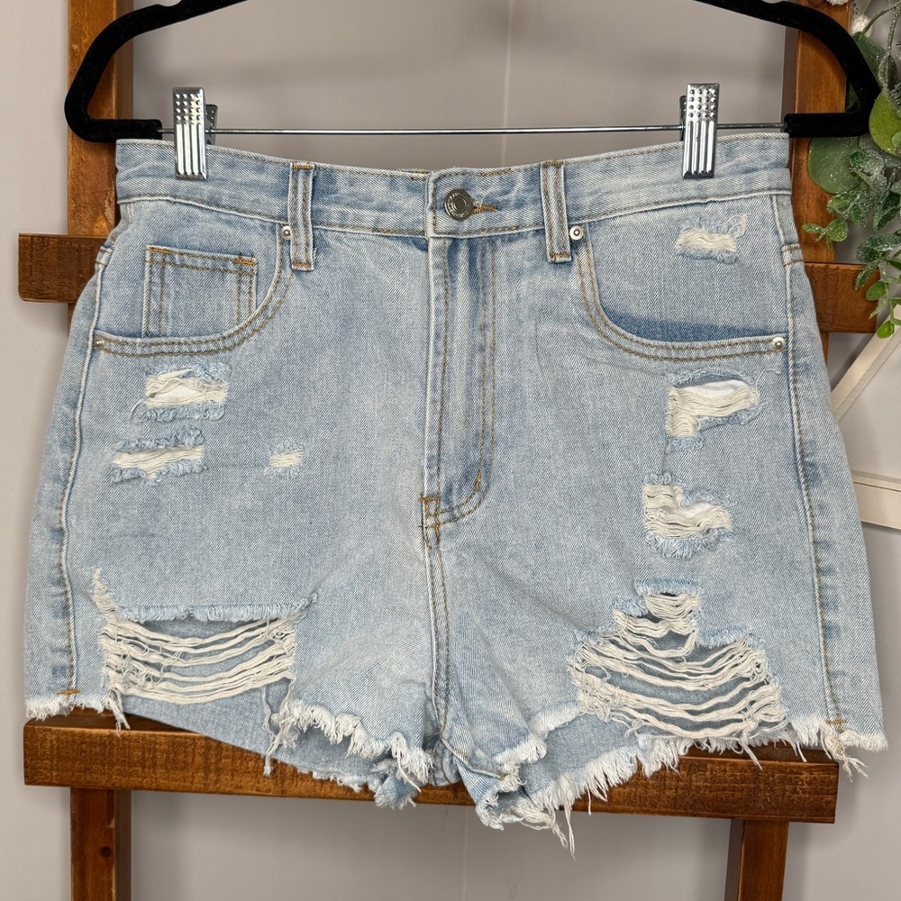 Raw Hem Distressed Denim Light Blue Shorts - Picture 3 of 6